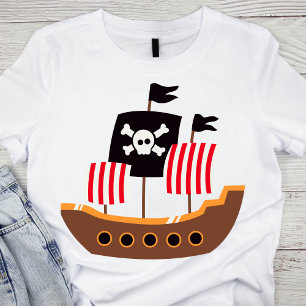 Camiseta Marrom Whimsical e navio pirata vermelho