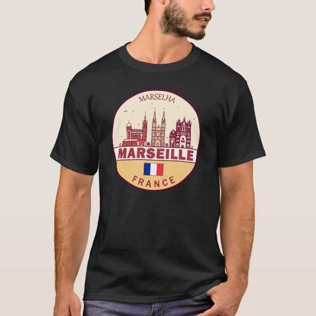 Camiseta Marselha França City Skyline Emblem (Frente)