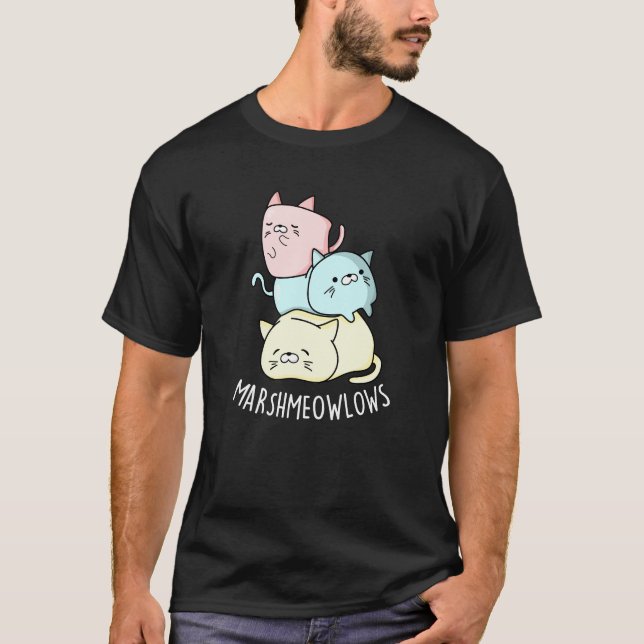 Camiseta Marsh-meow Engraçado Gato Marshmallow Pun Dark BG (Frente)