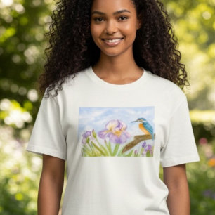 Camiseta Martim-pescador em Aquarela com Íris Roxas