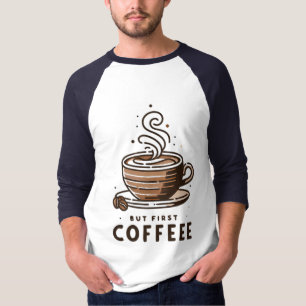Camiseta Mas Primeiro Café Xícara Listrada Design de Arte d