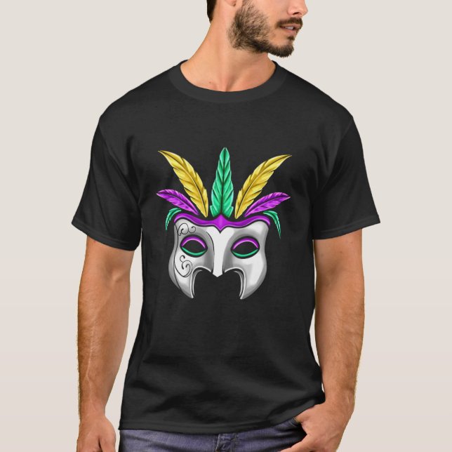 Camiseta Máscara Branca Com Penas Para Mardi Gras (Frente)