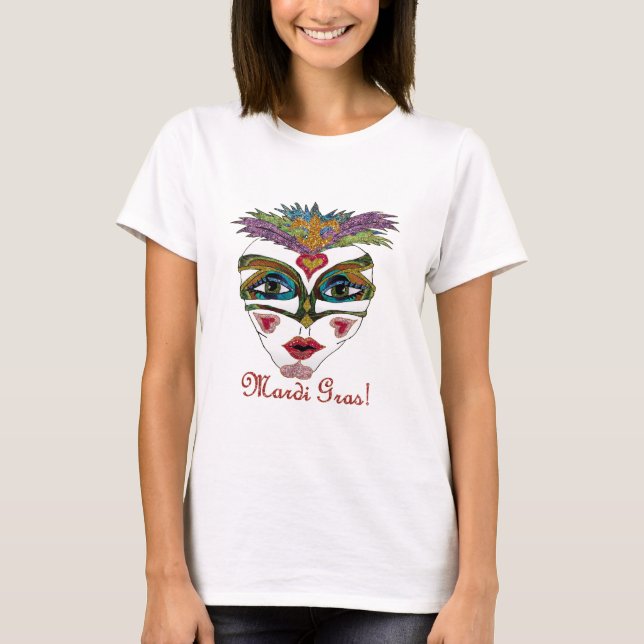 Camiseta Máscara Colorida Mardi Gras Glitter Feather (Frente)