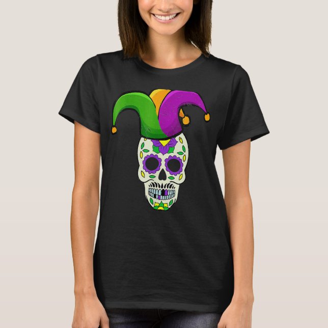 Camiseta Máscara de Carnaval de Açúcar Crânio Jester Hat Ma (Frente)