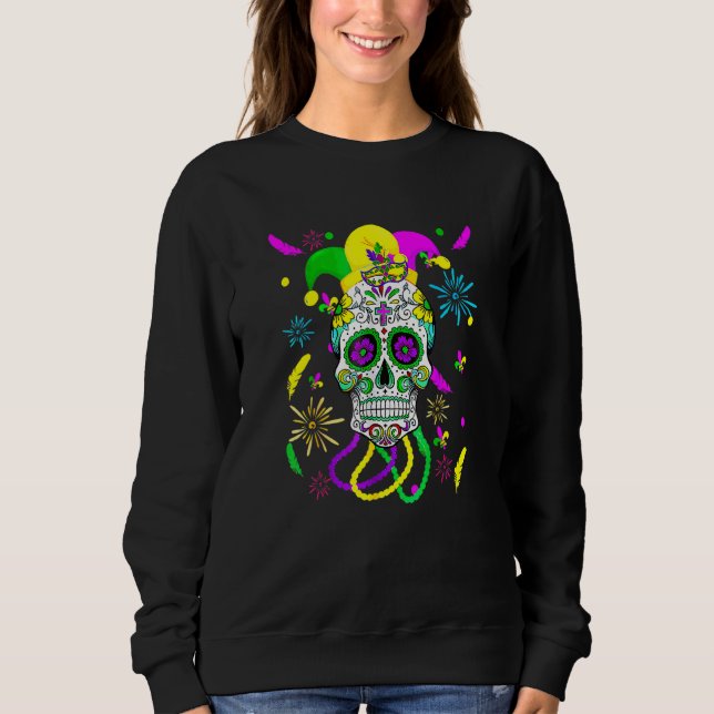 Camiseta Máscara de Carnaval de Açúcar Crânio Jester Hat Ma (Frente)