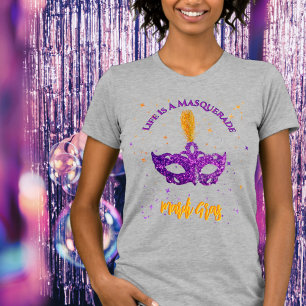 Camiseta Máscara de Faíscas Violeta e Laranja Mardi Gras