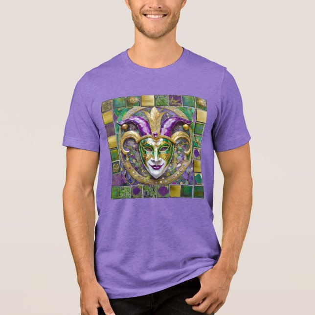 Camiseta Máscara de Jester Mardi Gras Roxo Verde Dourado (Frente)