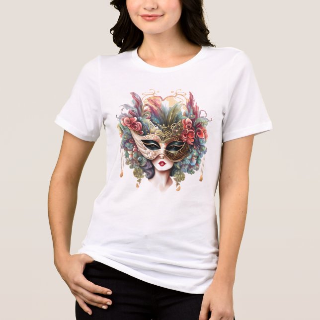 Camiseta Máscara de mascarada veneziana floral de ouro azul (Frente)