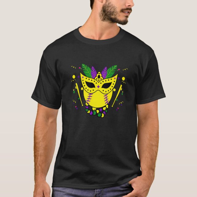 Camiseta Máscara de Miçangas de Softball Mardi Gras do Soft (Frente)