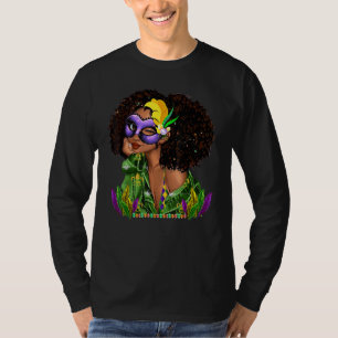 Camiseta Máscara de Olhos Mardi Gras Mulher Negra Cabelo Cr