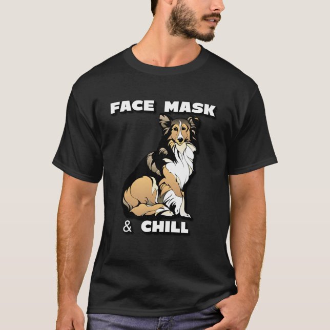 Camiseta Máscara de rosto e cão frio com texto branco (Frente)