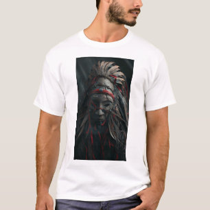 Camiseta Máscara de Shaman castanha com penas e Impressão v