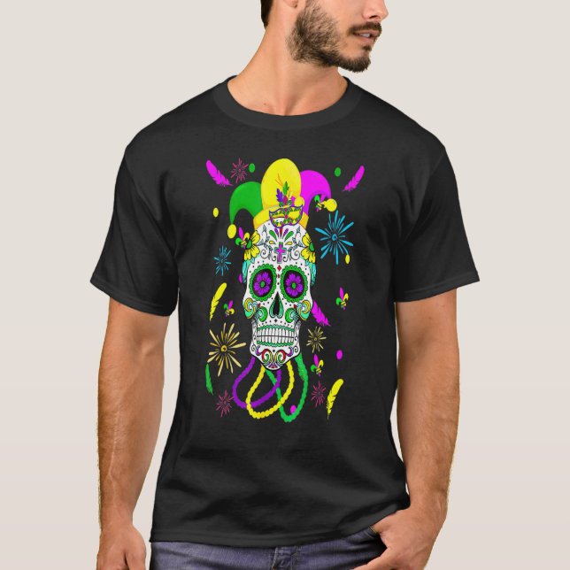 Camiseta Máscara do Carnaval de Açúcar Crânio Jester Hat Ma (Frente)