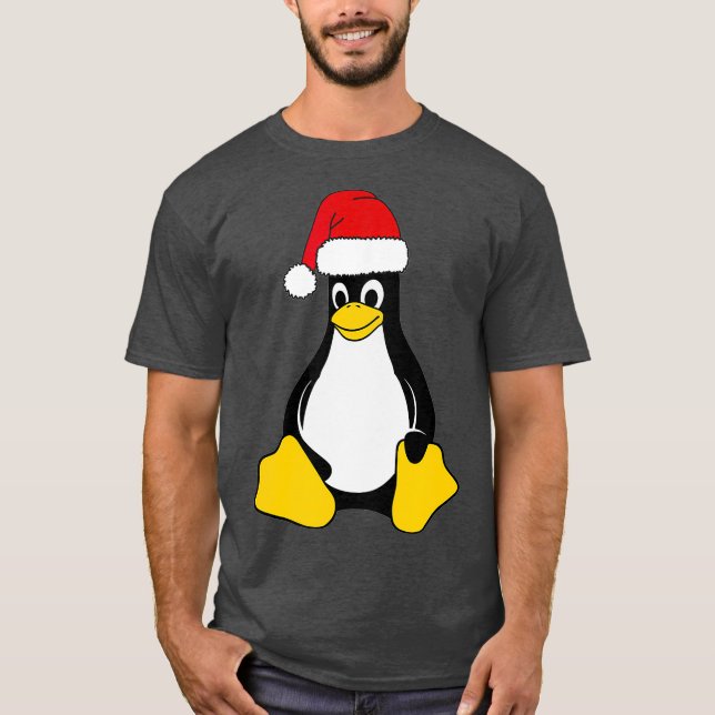 Camiseta Mascot Linux Tux o Geek do Nerd Penguin Santa Hat (Frente)