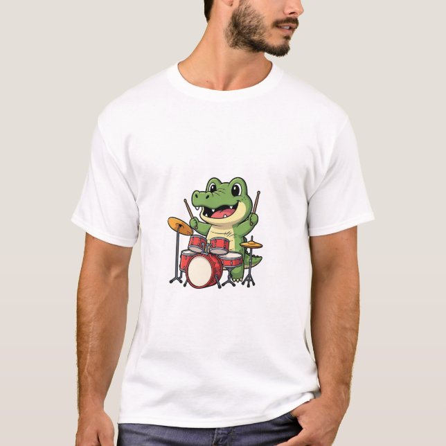 Camiseta Mascote Crocodilo Baterista de Desenho Animado Fof (Frente)
