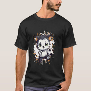 Camiseta Mascote de Desenho de Gato Jogando Futebol