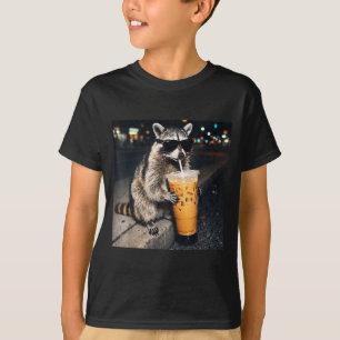 Camiseta Mascote de guaxinim engraçado bebendo café gelado