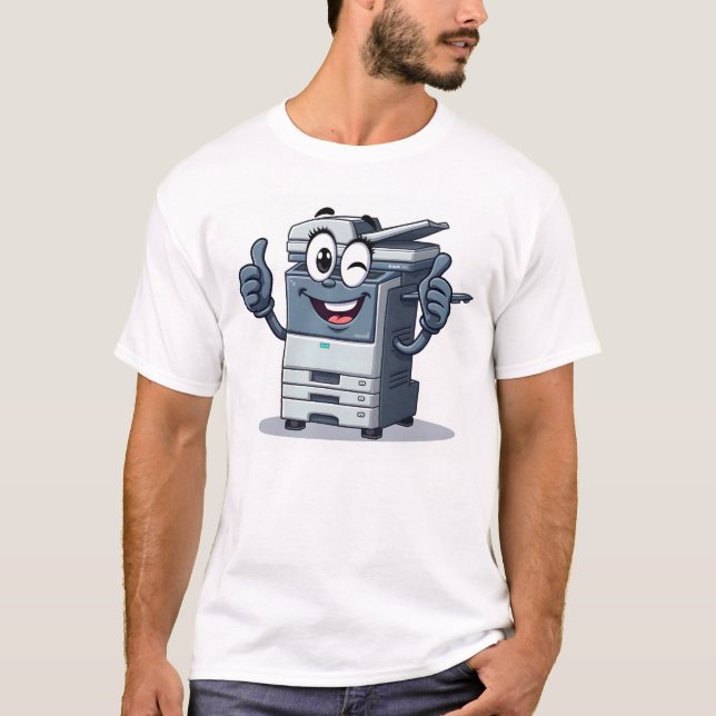 Camiseta Mascote de Máquina de Copiadora de Caricatura com  (Frente)