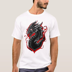 Camiseta Mascote Gráfico do Dragão Vermelho e Preto