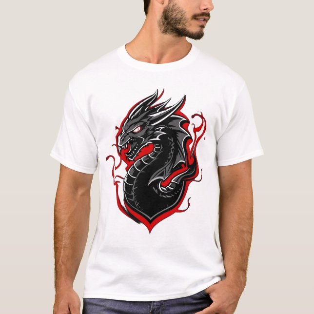 Camiseta Mascote Gráfico do Dragão Vermelho e Preto (Frente)