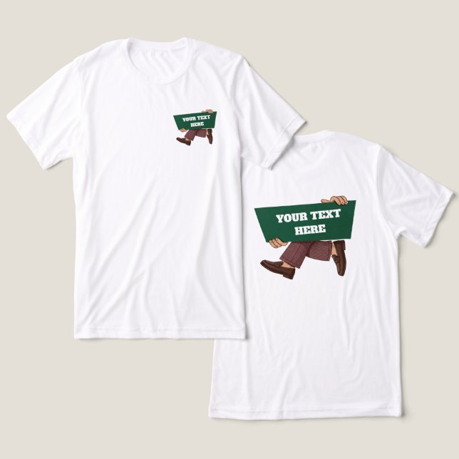 Camiseta Mascote Vintage Segurando Placa com Texto Personal (Design Frente e Verso)
