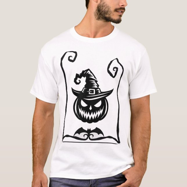 Camiseta masculina com abóbora e chapéu de bruxa d (Frente)