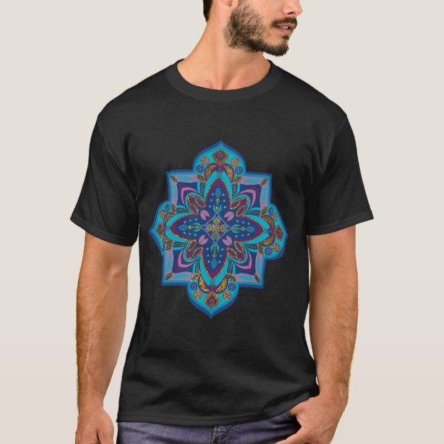 Camiseta masculina com desenho de mandala azul (Frente)