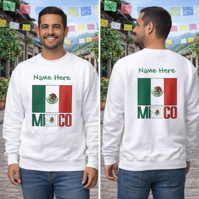 Camiseta masculina com design personalizado da ban (Men’s sweatshirt with Mexico flag design, name above, MEXICO below, front and back views)