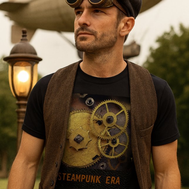 Camiseta Masculina com Engrenagens de Relógio Esti (Steampunk gears and bold text pop on this black tee perfect for fans of retro-futuristic style.)