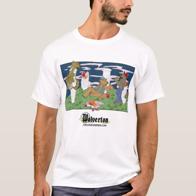 Camiseta masculina de lobisomens comendo pizza (Frente)