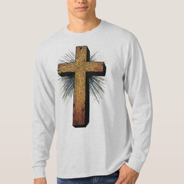 Camiseta masculina de manga longa com cruz cristã  (Frente)