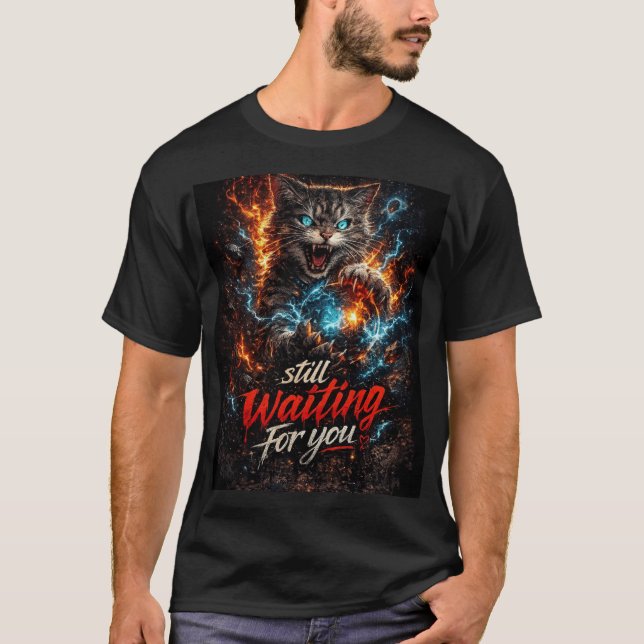 camiseta masculina design de gato ainda esperando  (Frente)