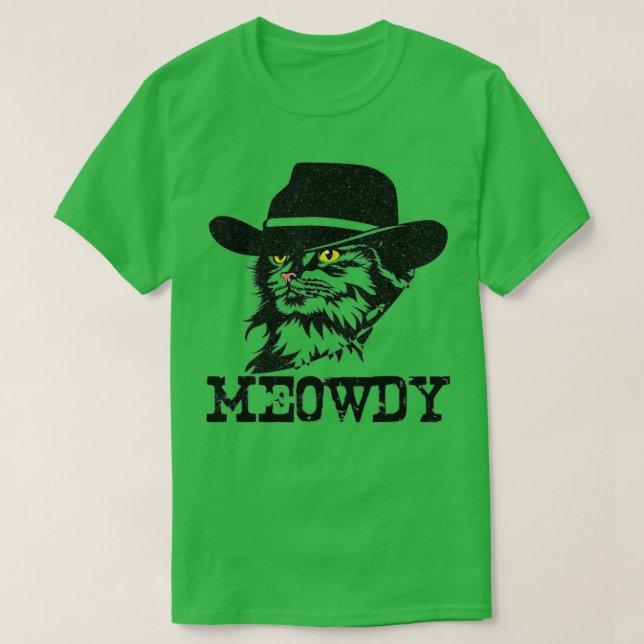 Camiseta Mashup Engraçado de Gato Meowdy Entre Meow e Howdy (Frente do Design)