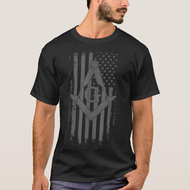 Camiseta Masonic American Flag Square and Compass  Gray (Frente)