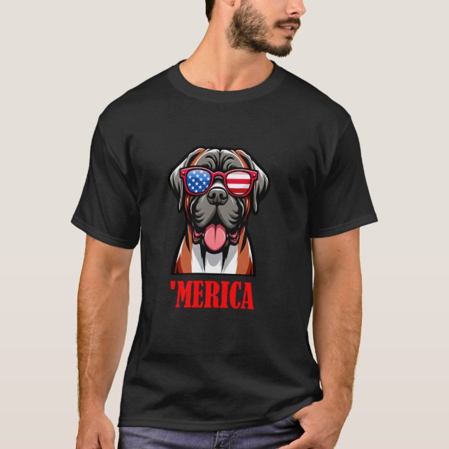 Camiseta Mastiff Inglês Merica 4 de julho Bandeira dos EUA (Frente)