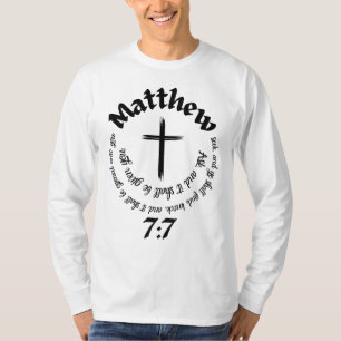 Camiseta Mateus 7:7 Bíblia Circular Verso E Cruz Central