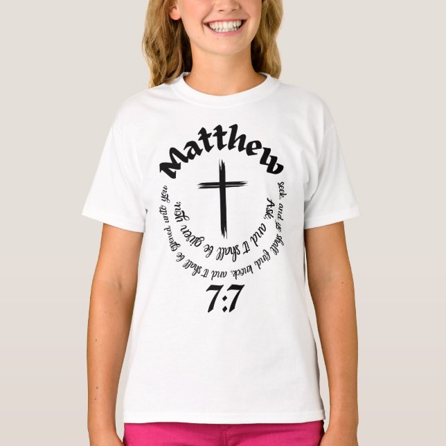 Camiseta Mateus 7:7 Bíblia Circular Verso E Cruz Central (Frente)