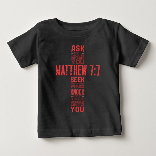 Camiseta Matthew 7:7 Bíblia Verse Cross (Frente)