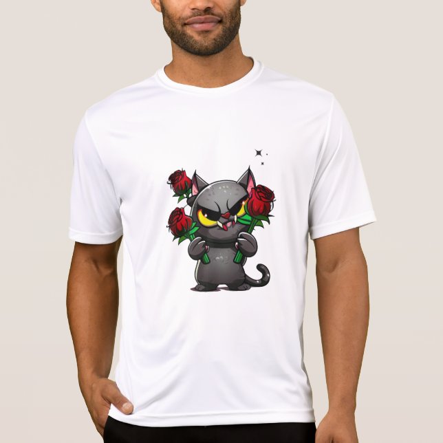 Camiseta Mau Black Cat Segurando Rosas Legal estrelas escur (Frente)