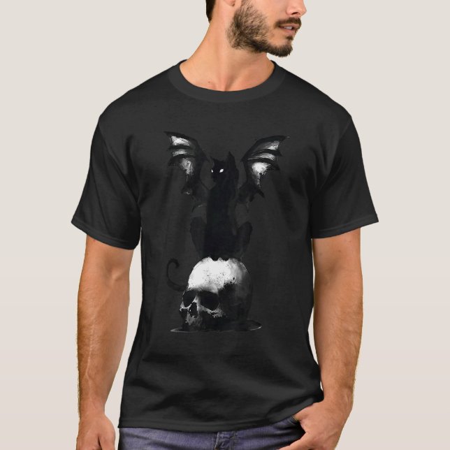 Camiseta Mau Cat Bat Skull Diabo Assustador Figurume Hallow (Frente)
