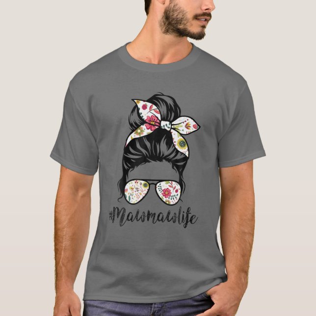 Camiseta Mawmaw Life Messy Hair Bun Floral Mulheres D (Frente)