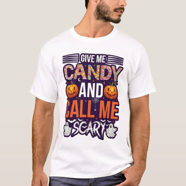 Camiseta Me Dê Doces Chamada Assustadora Abóbora de Hallowe (Frente)