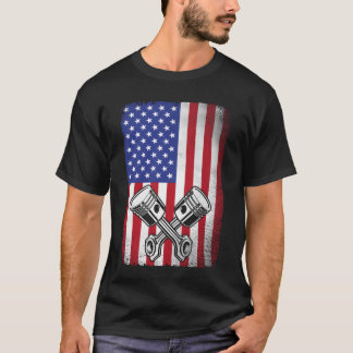 Camiseta Mecânico de Carro Antigo Pistão Bandeira Americana