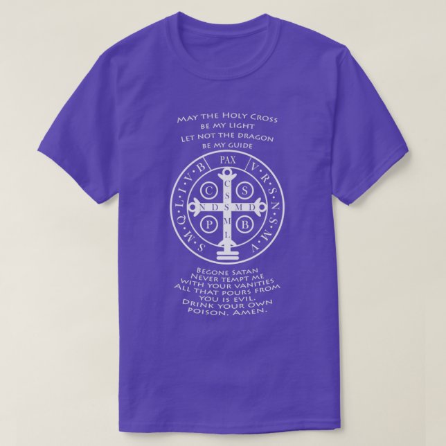 Camiseta Medalha Benedict santo com oração azul escuro (Frente do Design)