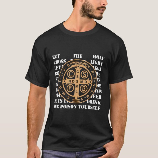Camiseta Medalha Benedictina santo Com Cruz Benedictina A (Frente)