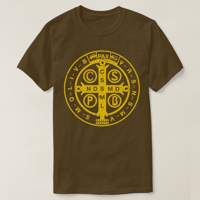 Camiseta Medalha de Benedicto da Rua Católica Religiosa (Frente do Design)