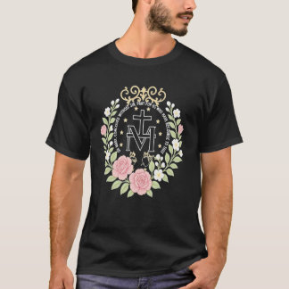 Camiseta Medalha Milagrosa Floral Devoção Católica Mariana