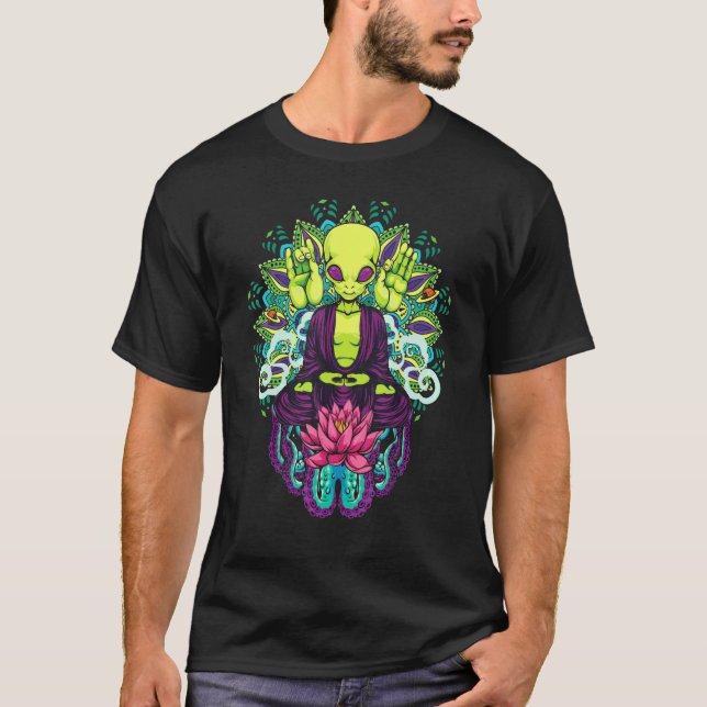 Camiseta Meditação da Alienígena Mandala rosa Flor de Lotus (Frente)