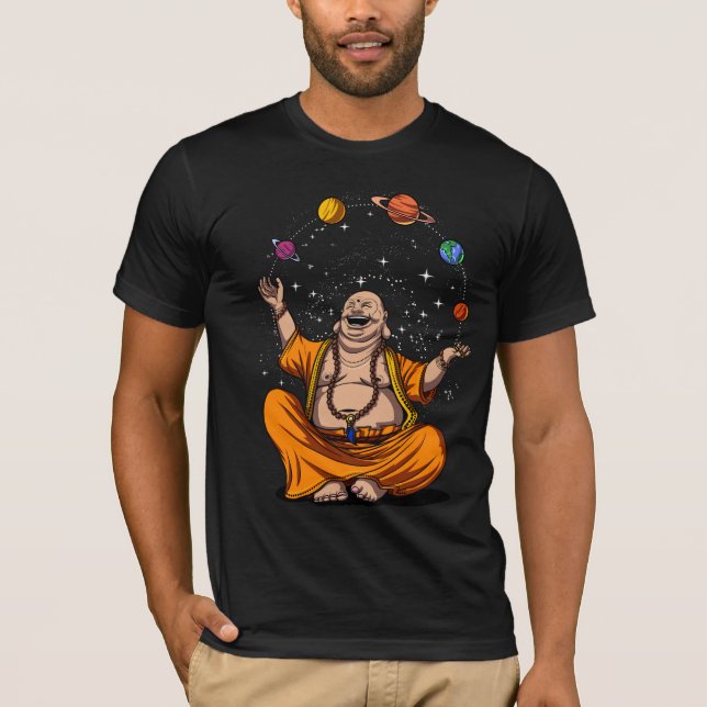 Camiseta Meditação Zen Yoga Buddha em Planetas Espaciais (Frente)