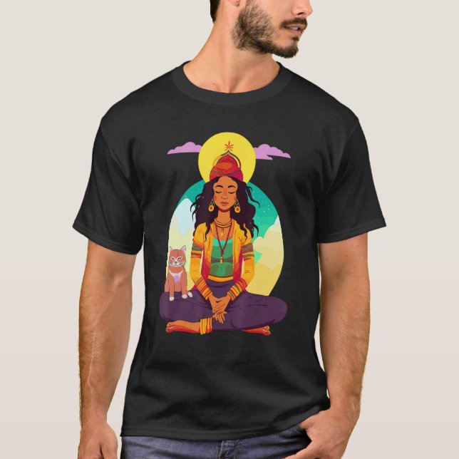 Camiseta Meditating Rasta Girl with Cat (Frente)